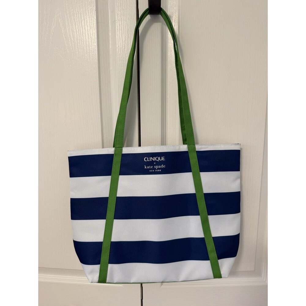Clinique Kate Spade Shopping Shoulder Tote Bag Navy White Stripe Green Strip NEW